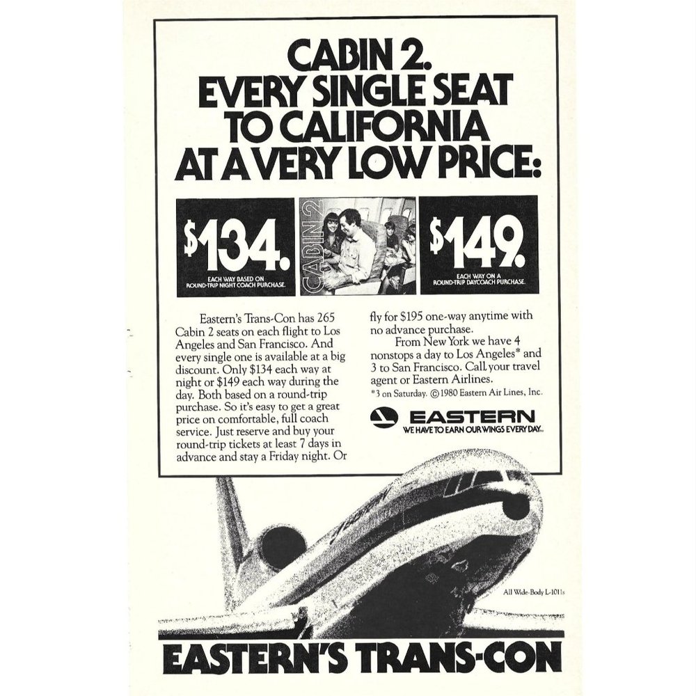 Eastern Airlines Transcontinental to California 1980s Vintage Print Ad 9 inch